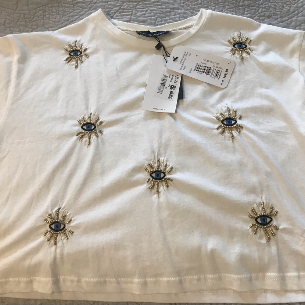Zara White Top with Evil Eye Embellishments